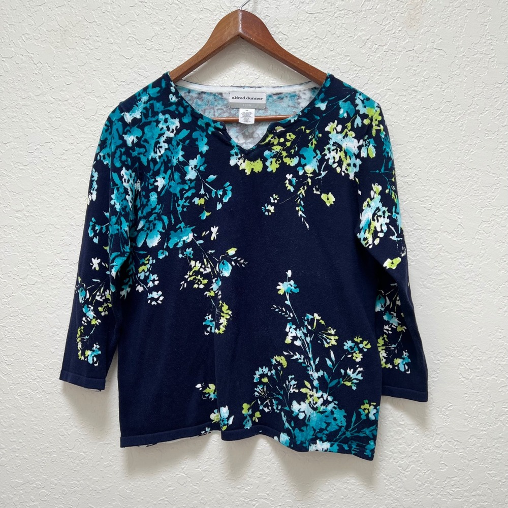Alfred Dunner Petite Navy Blue Floral 100% Cotton 3/4 Sleeve Sweater PS Coastal